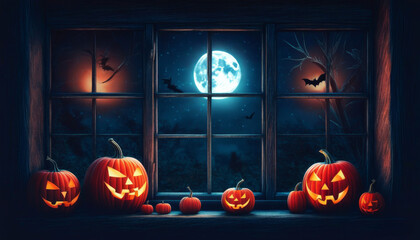 Leuchtende Halloween-Kürbisse auf einer Fensterbank vor Vollmondnacht mit Fledermäusen – stimmungsvolle und gruselige Halloween-Szene. Generative KI