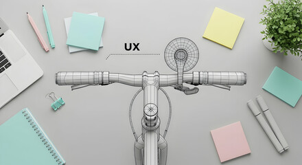 Bicycle Ux Design Concept Illustration, Laptop Stationery And Bicycle 3d Wireframe