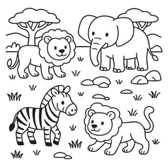 Lions, zebra and elephant standing on grassy savanna with trees and rocks for kids to color. 