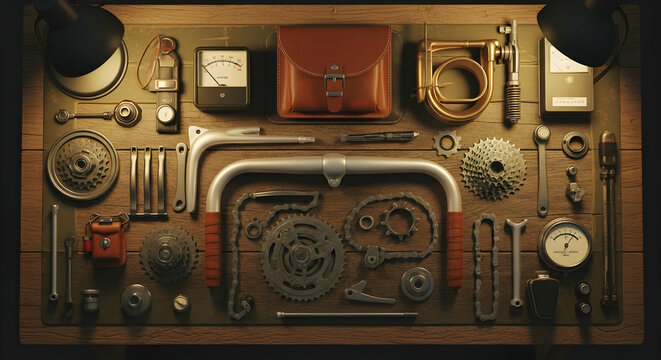 Bike Maintenance And Repair Components Arranged On A Wooden Table With Toolkit
