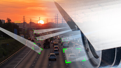 CCTV camera looking at busy city highway at sunset AI car scan infographic, concept. The use of artificial intelligence to identify offenders on the road