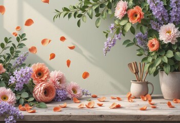 Fototapeta premium Flower petals scattered on a garden table, creating a vibrant and serene atmosphere