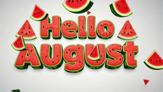 Dynamic watermelon themed "hello august" animation with 3d text and slices
