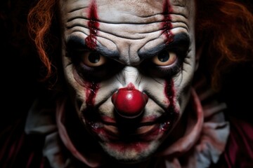Close-up portrait of a scary clown with blood on his face. Halloween theme. Evil Clown. Horror movie Concept. Halloween Concept with Copy Space.