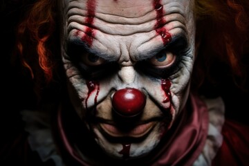 Close-up portrait of a scary clown with blood on his face. Halloween theme. Evil Clown. Horror movie Concept. Halloween Concept with Copy Space.