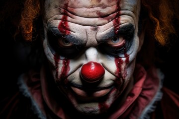 Close-up portrait of a scary clown with blood on his face. Halloween theme. Evil Clown. Horror movie Concept. Halloween Concept with Copy Space.