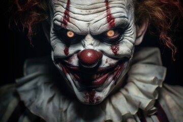 Close-up portrait of a scary clown in the dark. Horror movie. Halloween theme. Evil Clown. Horror movie Concept. Halloween Concept with Copy Space.