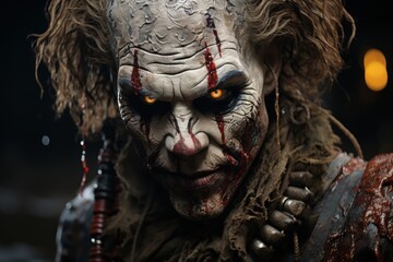 Scary zombie man with blood on his face. Halloween. Horror. Halloween theme. Evil Clown. Horror movie Concept. Halloween Concept with Copy Space.