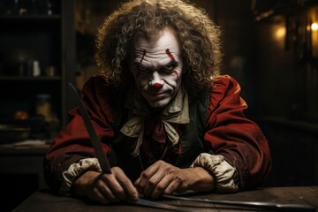 Scary scary clown face on dark background. Horror Halloween concept. Halloween theme. Evil Clown. Horror movie Concept. Halloween Concept with Copy Space.