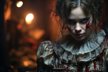 Portrait of a clown girl in a bloody dress. Halloween. Horror. Halloween theme. Evil Clown. Horror movie Concept. Halloween Concept with Copy Space.