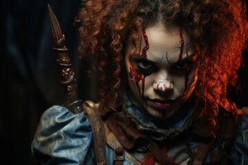 Close-up portrait of a scary girl with blood on her face. Halloween. Halloween theme. Evil Clown. Horror movie Concept. Halloween Concept with Copy Space.