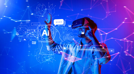 A person engages with a virtual reality headset, surrounded by digital elements symbolizing...