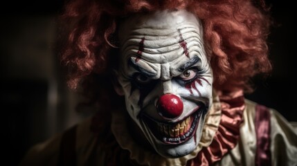 Close-up portrait of a scary clown with red wig on dark background. Halloween theme. Evil Clown. Horror movie Concept. Halloween Concept with Copy Space.