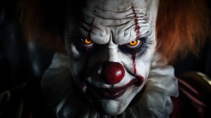 Portrait of a scary clown in a dark room. Horror movie. Halloween theme. Evil Clown. Horror movie Concept. Halloween Concept with Copy Space.