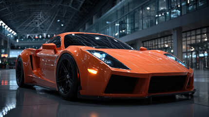 Obraz premium A striking orange sports car is parked prominently in a spacious indoor venue with sleek glass architecture. The lighting highlights its dynamic design and performance features.