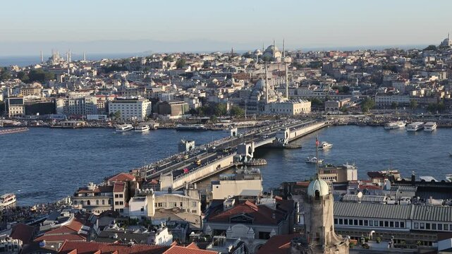 Panoramic view of Istanbul Bosphorus from Galata Tower. Beautiful view with Karakoy, Eminonu and Bosphorus line. Istanbul, Turkey.