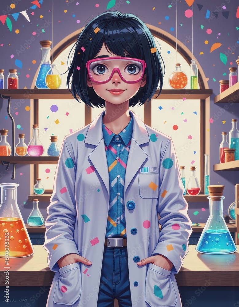 Poster lab assistant at a festive experiment bench with colorful liquids and decorations