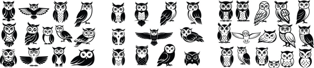 Set of Black and White Owl Silhouettes and Icons Vector Collection
