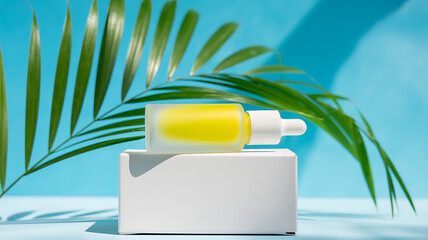 Fototapeta premium Photo of a yellow serum bottle rests on a white box with a palm leaf overhead