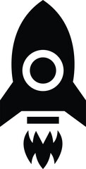 Black silhouette of a classic rocket ship with fiery exhaust blasting off into space, isolated on a white background. EPS-10.