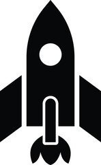 Black silhouette of a classic rocket ship with fiery exhaust blasting off into space, isolated on a white background. EPS-10.