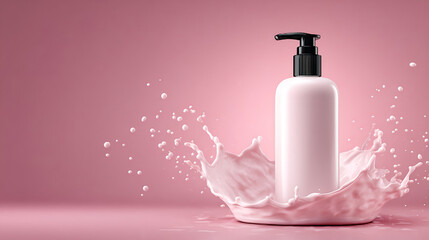 Pink bottle mockup with splash for lotion cream shampoo cosmetic product ad