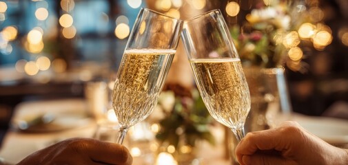 The elegant toast with champagne glasses in a romantic setting