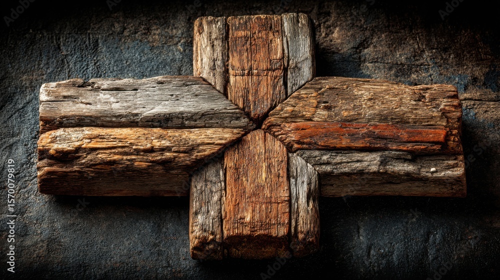Poster this rustic cross showcases a design made from aged wood with varied colors and textures. it is set 