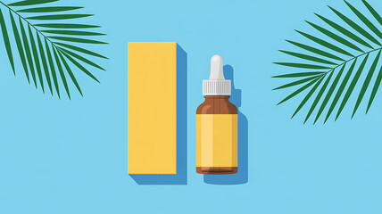Photo of amber serum bottle with dropper and yellow box on blue background with palm leaves