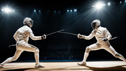 Epic fencing duel on bright stage: Two athletes clash in thrilling combat