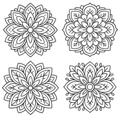 Four symmetrical floral mandala designs with bold lines. Ideal for adult and kids coloring activities. 