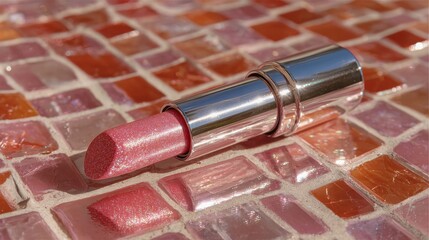 A shimmering pink lipstick tube is placed on a colorful mosaic surface. The light reflects off the glossy finish, highlighting its vibrant color and metallic casing.