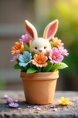 Adorable Bunny Pot Overflowing with Spring Flowers Perfect Easter or Garden Decor