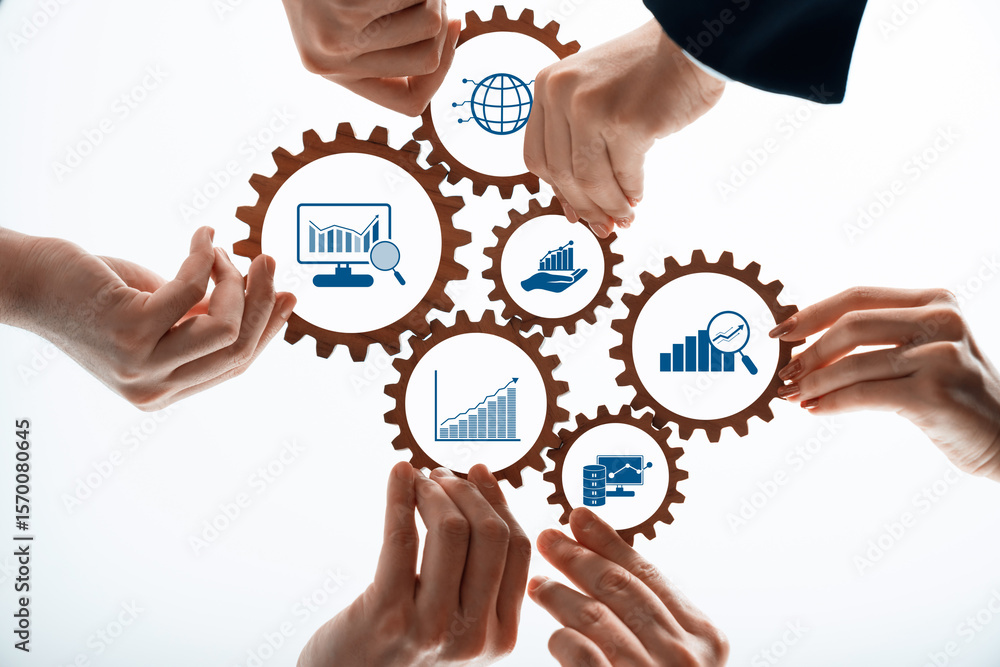 Poster collaborative hands utilizing gears for analytical data interpretation in business processes and gro