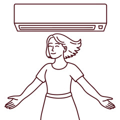 Line art of woman standing with arms outstretched under air conditioner. She enjoys indoor cooling on a hot day