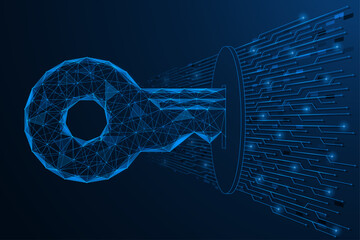 A digital access key. The keyhole is connected to the tracks of the printed circuit board. Polygonal design of lines and dots. Blue background.