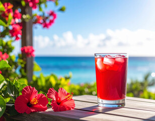 Refreshing summer fruit cocktails at a beachside paradise with vibrant flowers and ocean views