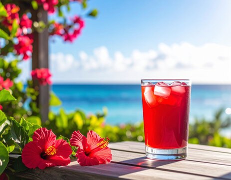 Refreshing summer fruit cocktails at a beachside paradise with vibrant flowers and ocean views