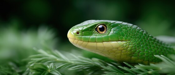 Fototapeta premium Close-up of a vibrant green snake resting on lush green foliage with detailed scales and eye, emphasizing nature wildlife and reptile characteristics