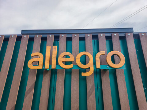 Plewiska, Poland - June 22, 2025: Logo of allegro on one box by allegro.