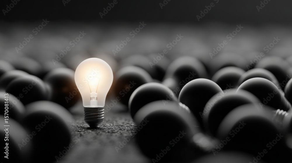 Poster a lone, glowing light bulb contrasts with a multitude of dark spherical shapes surrounding it. soft 