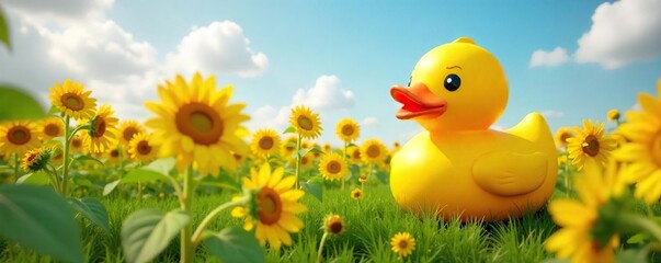 Giant Rubber Ducky in Sunflower Field Whimsical Surreal Photo Backdrop