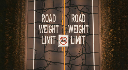 Aerial View Of A Road With Road Weight Limit Sign And Textured Surface