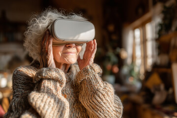 Older woman explores virtual reality for mental wellness in cozy setting
