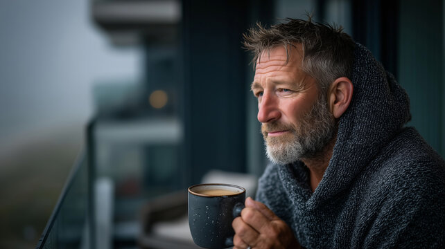 Middle-aged man enjoys quiet tea moment on balcony during tranquil morning