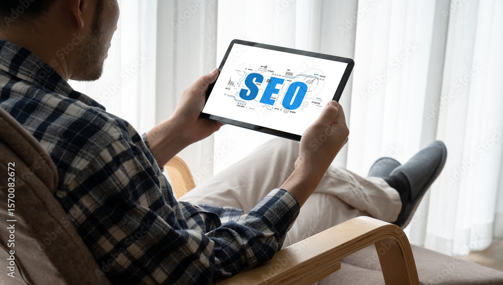 Poster seo search engine optimization for modish e-commerce and online retail business showing on computer 