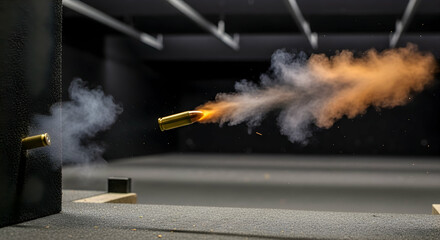 Bullet Projectile Speeding Through Air Leaving Trail Of Smoke At Shooting Range