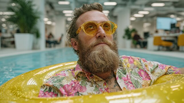 A man with a beard enjoys a moment of leisure in a bright yellow float inside an office space. He wears a colorful tropical shirt and oversized sunglasses, surrounded by a serene indoor pool.