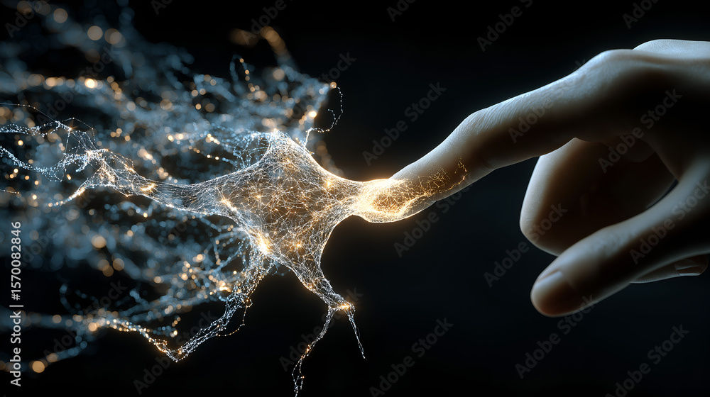 Poster neural connection: a captivating visual of a human hand gently interacting with a glowing neural net