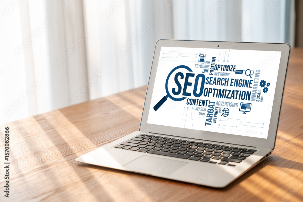Poster seo search engine optimization for modish e-commerce and online retail business showing on computer 